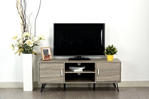 Product Cover Weathered Grey Oak Finish TV Entertainment Center Console Cabinet Stand with Two Doors and Shelves