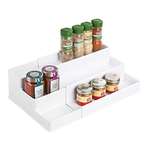 Product Cover mDesign Plastic Adjustable, Expandable Kitchen Cabinet, Pantry, Shelf Organizer/Spice Rack with 3 Tiered Levels of Storage for Spice Bottles, Jars, Seasonings, Baking Supplies - White