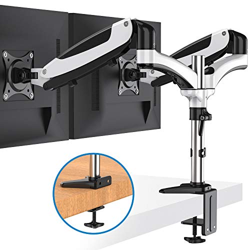 Product Cover HUANUO Dual Arm Monitor Stand - Height Adjustable Gas Spring Desk VESA Mount for Two 15 to 27 Inch Computer Screen with 2 in 1 Mounting Base