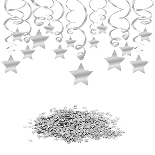 Product Cover Konsait Hanging Swirl Silver Decorations(30 Counts) Silver Star Table Confetti(15 Gram), Silver Hanging Party Supplies for Wedding Shower Birthday Party Table Decor Twinkle Twinkle Baby Shower