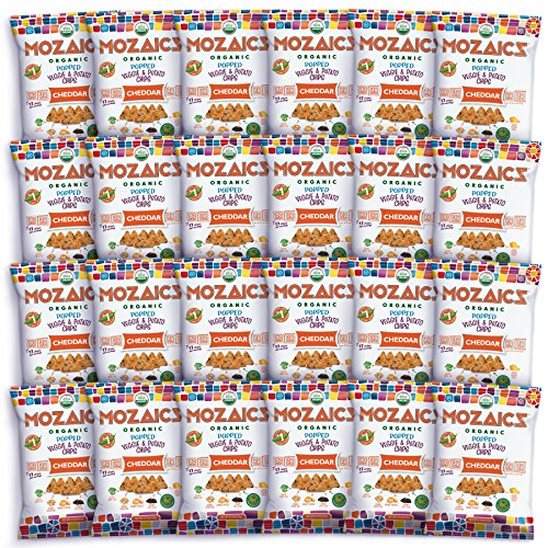 Product Cover Mozaics Organic Popped Veggie & Potato Chips- Healthy snack, under 100 calories, better than veggie straws or stix - gluten free - 0.75oz single serve bags (Cheddar, 24-count)