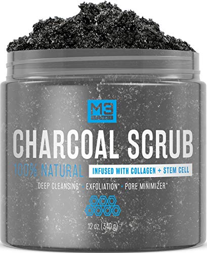 Product Cover M3 Naturals Activated Charcoal Scrub Infused with Collagen and Stem Cell All Natural Body and Face Exfoliating Facial Wash Blackheads Acne Scars Pore Minimizer Exfoliator Anti Cellulite Skin Care