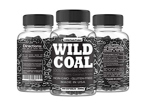Product Cover Wild Activated Charcoal Capsules from 100% Organic Coconut Shells - Digestion & Gas Relief, Ease Hangovers and Eating Out - Lab Tested, USA Made, Non-GMO, Premium Purity (100 Capsules)