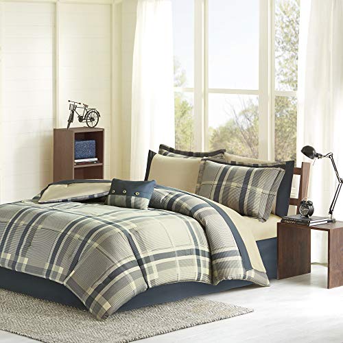 Product Cover Intelligent Design Robbie Full Size Bed Comforter Set Bed in A Bag - Blue Navy, Plaid - 9 Pieces Bedding Sets - Ultra Soft Microfiber Bedroom Comforters
