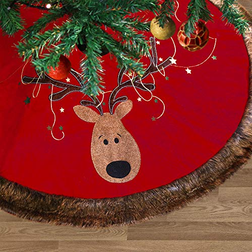 Product Cover Valery Madelyn 48 inch Luxury Red Gold Christmas Tree Skirt with Reindeer and Faux Fur, Themed with Christmas Ornaments (Not Included)
