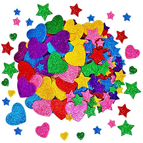 Product Cover 260 Pieces Colorful Glitter Foam Stickers Self Adhesive Stars Mini Heart Shapes Glitter Stickers, Kid's Arts Craft Supplies Greeting Cards Home Decoration Stars&Heart Shapes