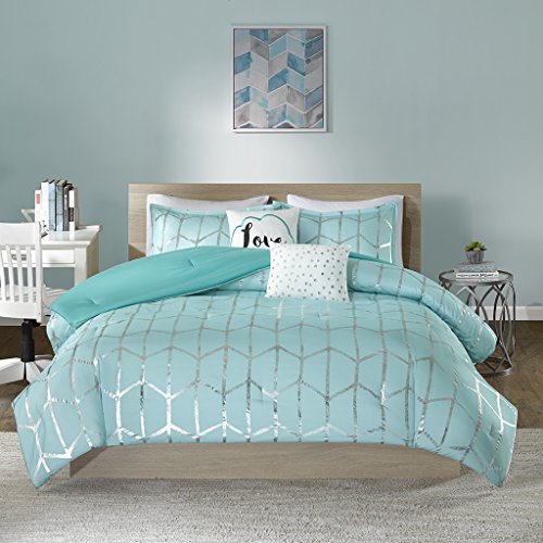 Product Cover Intelligent Design Raina Comforter Set Full/Queen Size - Aqua Silver, Geometric - 5 Piece Bed Sets - Ultra Soft Microfiber Teen Bedding for Girls Bedroom
