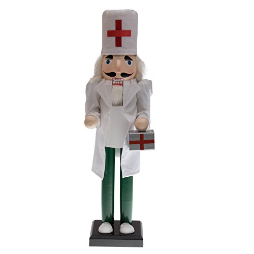 Product Cover Clever Creations Doctor Nutcracker Dressed with White Cloth Lab Coat and Green Scrubs | Red Cross Hat and Doctor's Case | Perfect for Shelves and Tables | Collectible Wooden Nutcracker | 15