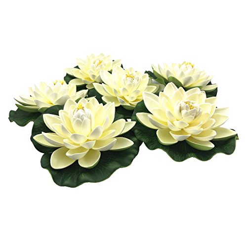 Product Cover NAVAdeal 6PCS Artificial Floating Foam Lotus Flowers, with Water Lily Pad Ornaments, Ivory White, Perfect for Patio Koi Pond Pool Aquarium Home Garden Wedding Party Holiday Special Event Decorations