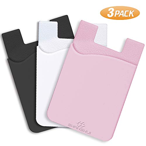 Product Cover SHANSHUI Cell Phone Wallet, 3-M Adhesive Card Sleeve Silicone Card Pouch Stick on Phone Works with iPhone/Samsung Galaxy/Sony/Huawei and Most Smart Phones (Black,White,Pink)