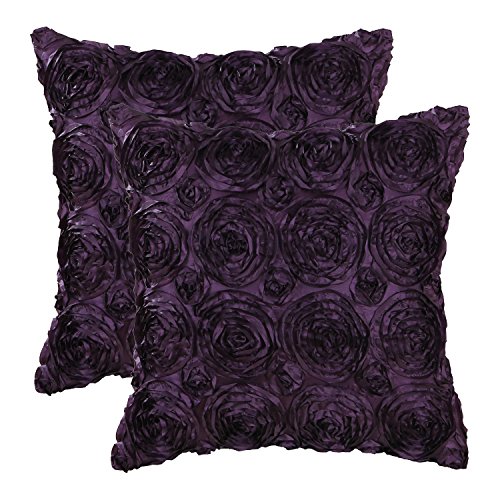Product Cover CaliTime Pack of 2 Cushion Covers Throw Pillow Cases Shells for Couch Sofa Home Solid Stereo Roses Floral 20 X 20 Inches Deep Purple