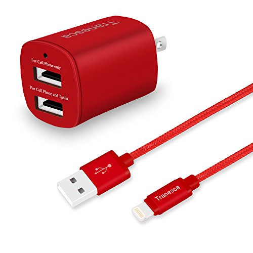 Product Cover Tranesca Dual USB Wall Charger and 6ft MFI Lighting Charging Cable for iPhone X,iPhone 8/8 Plus/iPhone 7/7 Plus/iPhone 6/iPad/iPad Pro and More (Red)