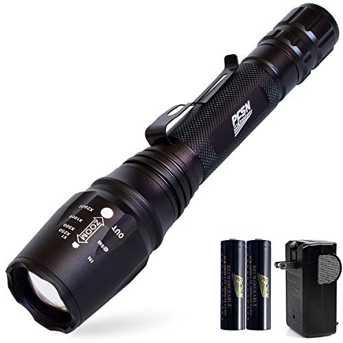 Product Cover PFSN 6000 k High Lumen Tactical LED Flashlight 5 Modes Rechargeable Flash Light Waterproof Torch Zoomable Lamp with 18650 Battery and Charger Best for Camping Working Hunting Fishing Walking