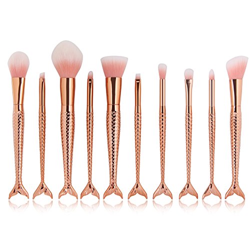 Product Cover Coshine 10pcs Rose Gold Unique Mermaid Makeup Brush Set, Synthetic Hair with Plastic Handle Cosmetic Brushes
