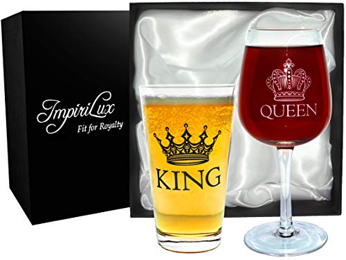Product Cover King Beer & Queen Wine Glass Set | Beautiful Gift for Newlyweds, Engagements, Anniversaries, Weddings, Parents, Couples, Christmas - Novelty Drinking Glassware (King Beer & Queen Wine Glass Set)