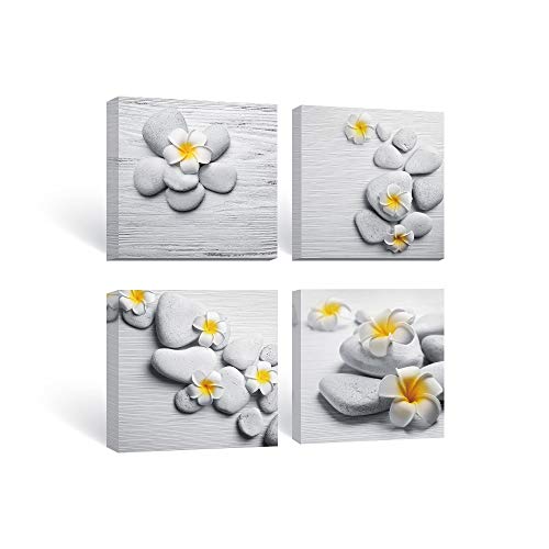Product Cover SUMGAR Framed Wall Art Bathroom Gray Yellow Flower Pictures Floral Canvas Paintings Zen Decor 4 Panel,12x12 in