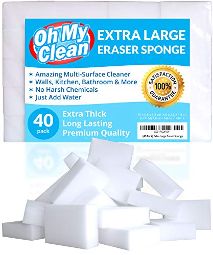 Product Cover (40 Pack) Extra Large Eraser Sponge - Extra Thick, Long Lasting, Premium Melamine Sponges in Bulk - Multi Surface Power Scrubber Foam Cleaning Pads - Bathtub, Floor, Baseboard, Bathroom, Wall Cleaner