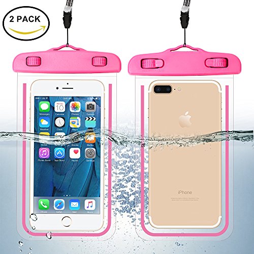 Product Cover [2 Pack] Waterproof Phone Case, Universal Durable Luminous Noctilucent Underwater Case Cover Dry Bag Pouch up to 6 Inches with Neck Strap for Smartphone(Pink)