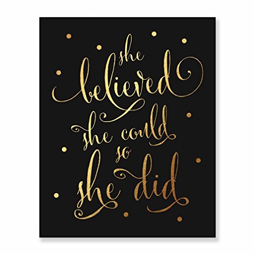 Product Cover She Believed She Could So She Did Gold Foil Black Art Print Inspirational Modern Wall Art Black Poster Decor 5 inches x 7 inches B5