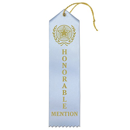 Product Cover Honorable Mention Premium Award Ribbons with Card & String (Light Blue) - 25 Count Value Bundle - Metallic Gold foil Print - Made in The USA