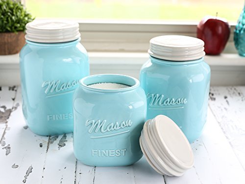 Product Cover Sparrow Decor Mason Jar Kitchen Canister Set - Set of 3 Kitchen Canisters - Large, Round Ceramic Sets for Vintage, Rustic, or Farmhouse Look - Storage for Flour, Sugar, Tea, Coffee and More (Blue)