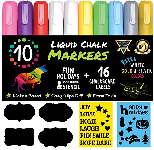 Product Cover Chalk Markers by Vaci, Pack of 10 + Drawing Stencils + 16 Labels, Premium Liquid Chalkboard Neon Pens, Including Gold, Silver and Extra White Ink, Bullet or Chisel Reversible Tips