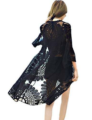Product Cover shermie Women's Floral Crochet Lace Beach Swimsuit Cover Ups Long Kimono Cardigan Black