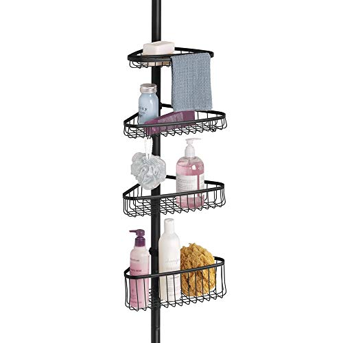 Product Cover mDesign Bathroom Shower Storage Constant Tension Corner Pole Caddy - Adjustable Height - 4 Positionable Baskets - for Organizing and Containing Hand Soap, Body Wash, Wash Cloths, Razors - Matte Black