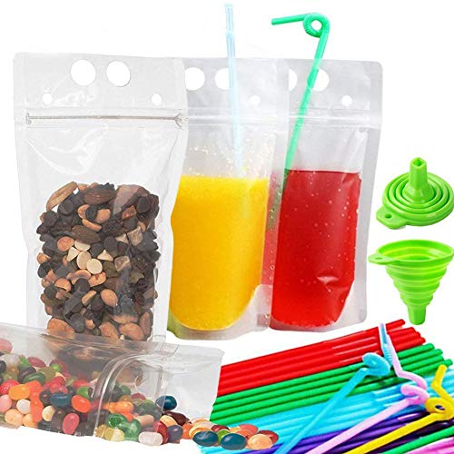 Product Cover Zipper Drink Bag Clear Stand-Up Plastic Pouches Bags with Drink Straws, Heavy Duty Hand-Held Translucent Reclosable Heat-Proof Bag 2.5 Bottom Gusset