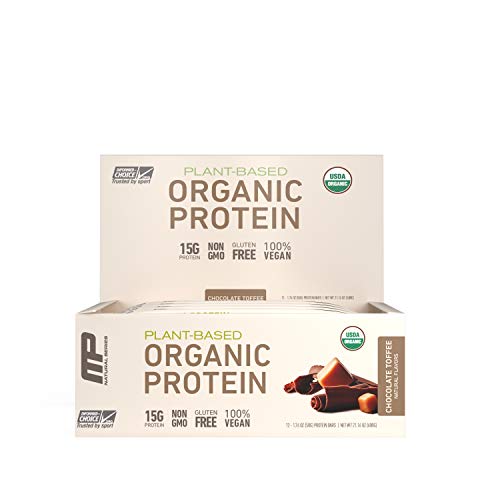 Product Cover MusclePharm Organic Protein Bar, Certified USDA Organic, 15g Plant Based Protein, No Artificial Ingredients, Gluten Free, Non GMO, Chocolate Toffee, 12 bars