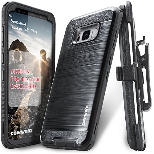 Product Cover Galaxy S8 Plus Case, COVRWARE [Iron Tank] + [Screen Protector] Heavy Duty Full-Body Rugged Holster Armor [Brushed Metal Texture] Case [Belt Clip][Kickstand], Black