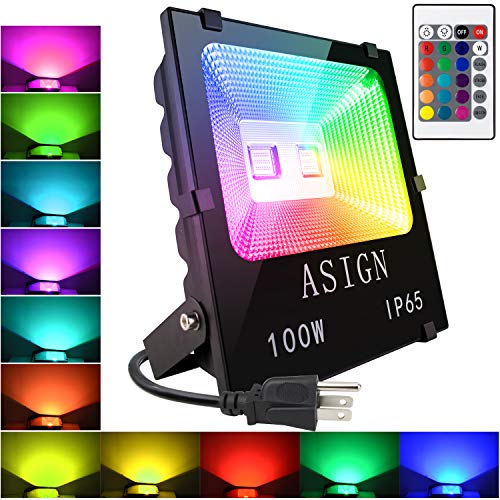Product Cover 100W RGB LED Flood Lights, Indoor Outdoor Decoration Light Waterproof Color Changing LED Security Light with Remote Control, Dimmable Wall Washer Lights with US 3-Plug