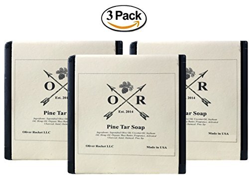 Product Cover Oliver Rocket Pine Tar Soap (3 bar set) - 5 ounces each - Mens Face and Body Exfoliating Black Soap Bar with Pine and Activated Charcoal - Handmade in USA with Coconut