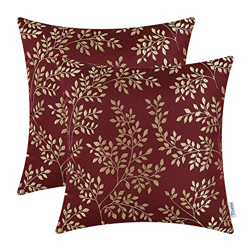 Product Cover CaliTime Pack of 2 Cushion Covers Throw Pillow Cases Shells for Couch Sofa Home Decoration Cute Small Leaves 18 X 18 Inches Burgundy