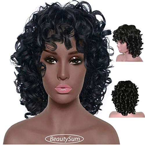 Product Cover BeautySum Short Kinky Curly Synthetic Wigs for Black Women with Bangs Heat Resistant Fiber Black African American Full Wigs Natural Looking Fluffy Wavy Replacement Hair Wigs