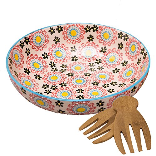 Product Cover Large Stoneware Salad Serving Bowl, 78oz/11inch Embossed Multicolor Mexican Floral Design, with 2 Bamboo Salad Hands