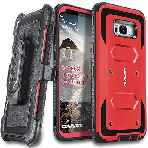 Product Cover Galaxy S8 Case, [Aegis Series] + Full-Coverage Screen Protector, Heavy Duty Rugged Full-Body Armor Holster Case [Belt Swivel Clip][Kickstand] for Samsung Galaxy S8, Red