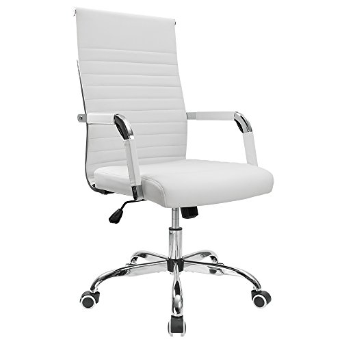 Product Cover Furmax Ribbed Office Desk Chair Mid-Back PU Leather Executive Conference Task Chair Adjustable Swivel Chair with Arms (White)
