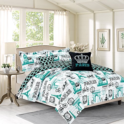 Product Cover HowPlumb Bedding Queen Girls Comforter Bed Set, Paris Eiffel Tower London, Teal Blue