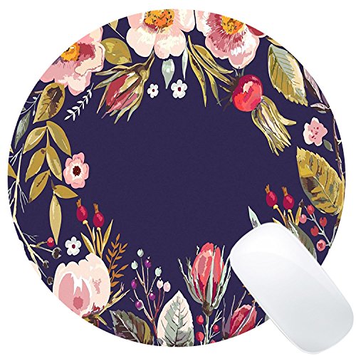 Product Cover Wknoon Retro Floral Flowers Art Navy Blue Round Mouse Pad Custom, Vintage Colorful Hand Drawn Floral Wreath Circular Mouse Pads