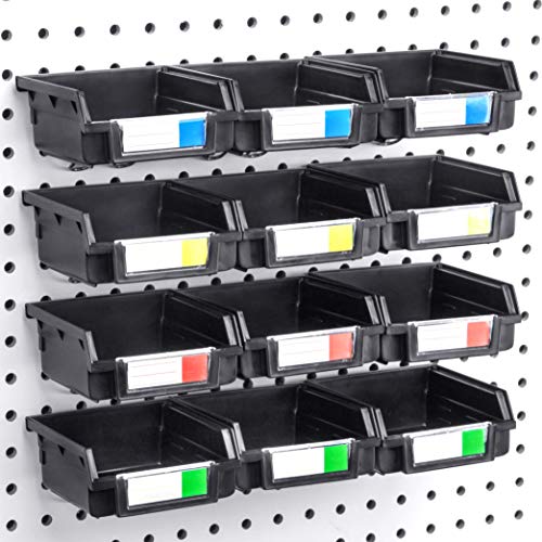 Product Cover Pegboard Bins - 12 Pack Black - Hooks to Any Peg Board - Organize Hardware, Accessories, Attachments, Workbench, Garage Storage, Craft Room, Tool Shed, Hobby Supplies, Small Parts