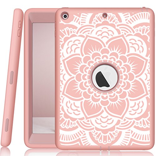 Product Cover iPad 5th/6th Generation Case, Hocase Heavy Duty Shock Absorbent Rubber+Hard Plastic Dual Layer Protective Case w/Mandala Floral Print and Kickstand for iPad 9.7 2018/2017 - Rose Gold
