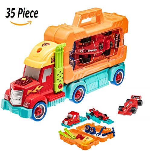 Product Cover Prextex 35 Piece Take-A-Part Do It Yourself Truck Carrier Tool Box with Racing Car And Realistic Lights and Sounds Great Toy For Boys And Girls Christmas Gift