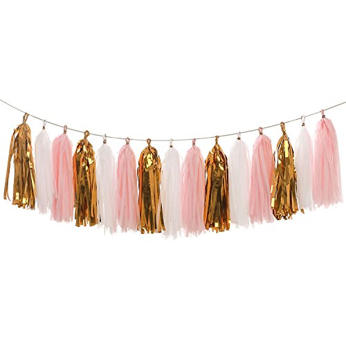 Product Cover LEWOTE Tissue Paper Tassel Garland - 20pcs Tassels Per Package - 12 Inch Long Tassels(Gold/Pink/White)
