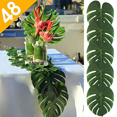 Product Cover AerWo 48pcs Large Artificial Tropical Palm Leaves, 13.8 by 11.4inch, Hawaiian Luau Party Jungle Beach Theme Decorations for Table Decoration Accessories