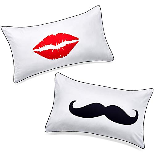 Product Cover DasyFly His Hers Pillowcases for Couples,2PCS Red Lip and Black Beard Pillow Case,Cute Couples Gifts for Wedding Anniversary V-Day Christmas,Funny Gifts for Girlfriend Boyfriend