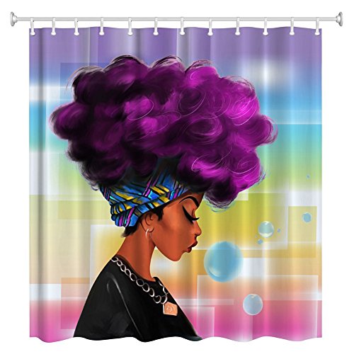Product Cover ZBLX Women Black Shower Curtain African Women with Purple Hair Hairstyle- Waterproof Resistant Fabric Polyester 100% Shower Curtain.。...