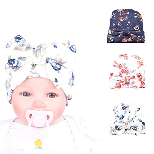 Product Cover Ademoo Newborn Baby Girls Nursery Beanie Hospital Hat with Bow (Floral Bow 3 Colors/ 0-3 Month)