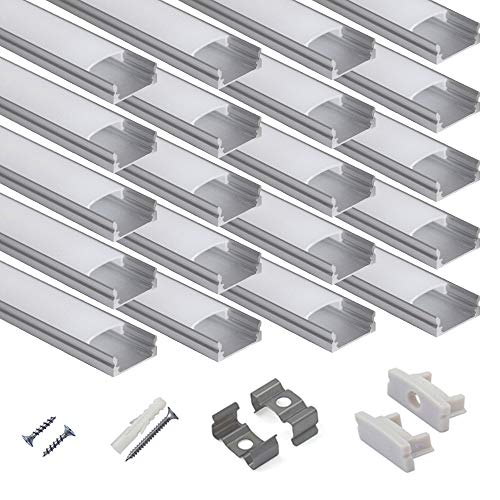Product Cover hunhun 20-Pack 3.3ft/1Meter U Shape LED Aluminum Channel System with Milky Cover, End Caps and Mounting Clips, Aluminum Profile for LED Strip Light Installations, Very Easy Installation