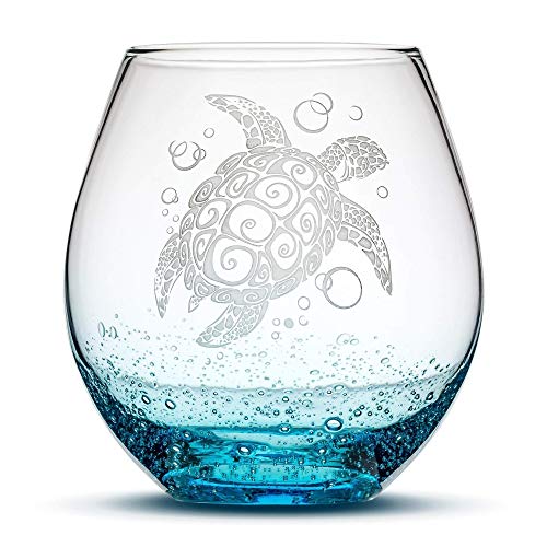 Product Cover Integrity Bottles Sea Turtle Stemless Wine Glass, Bubbly Turquoise, Handblown, Tribal Design, Hand Etched Gifts, Sand Carved